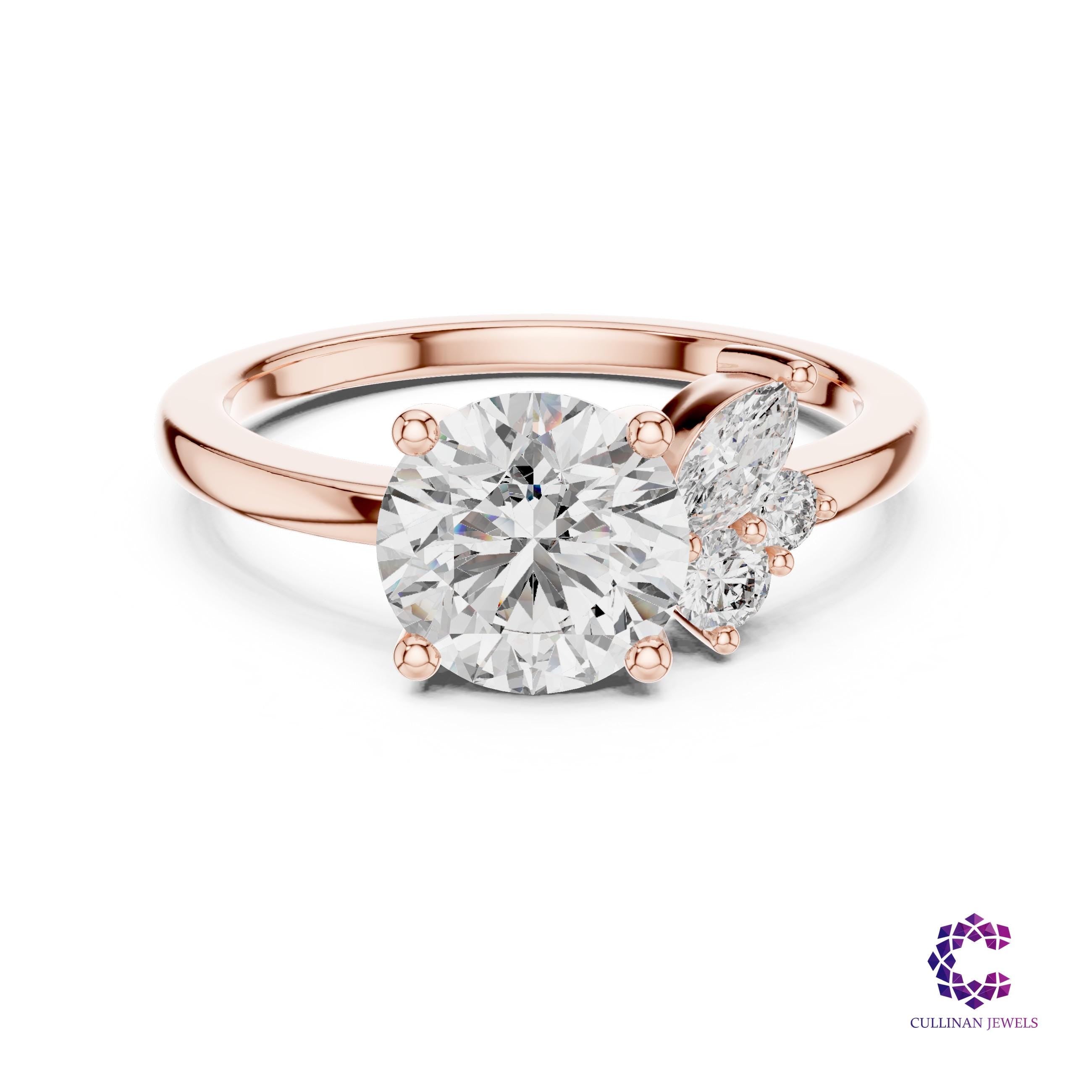 1.75 CT Round Lab Grown Diamond Asymmetrical Cluster Ring in 14K 18K Solid Gold