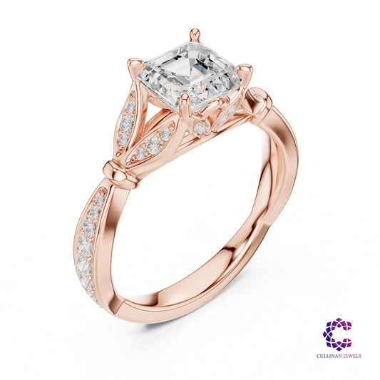 1.81 CT Asscher Cut Lab Grown Diamond Ring in 14K Solid Gold, Cathedral Setting Leaf Motif Engagement Ring for Women, 18K Gold
