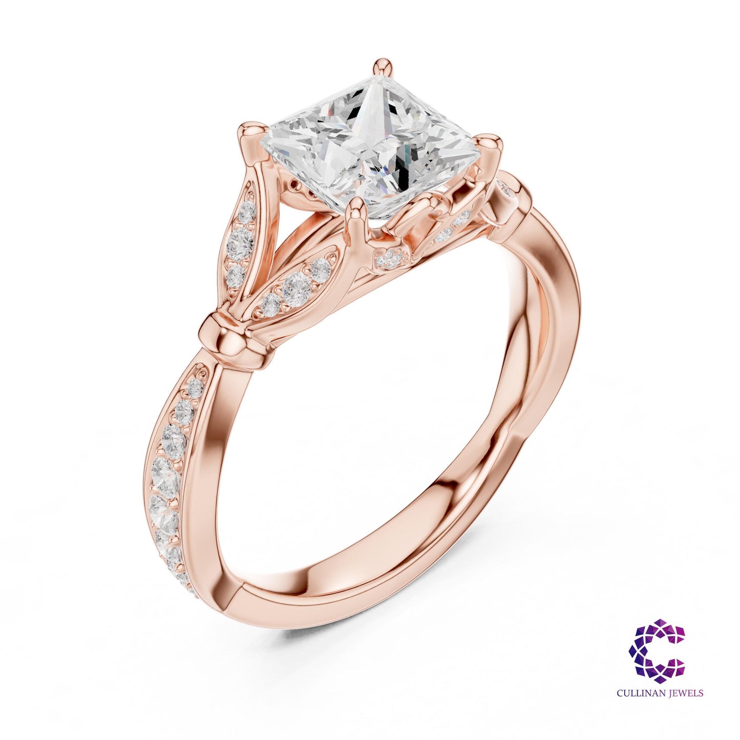 1.81 CT Princess Cut Lab Grown Diamond Cathedral Ring in 14K 18K Solid Gold