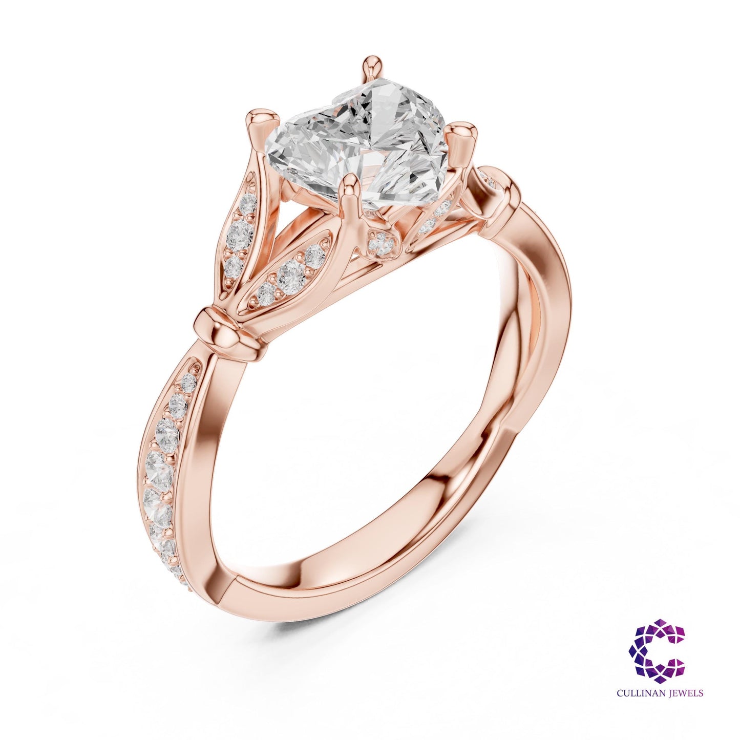 1.81 CT Heart Shape Lab Grown Diamond Ring in 14K Solid Gold, Cathedral Pavé Leaf Design Engagement Ring for Women