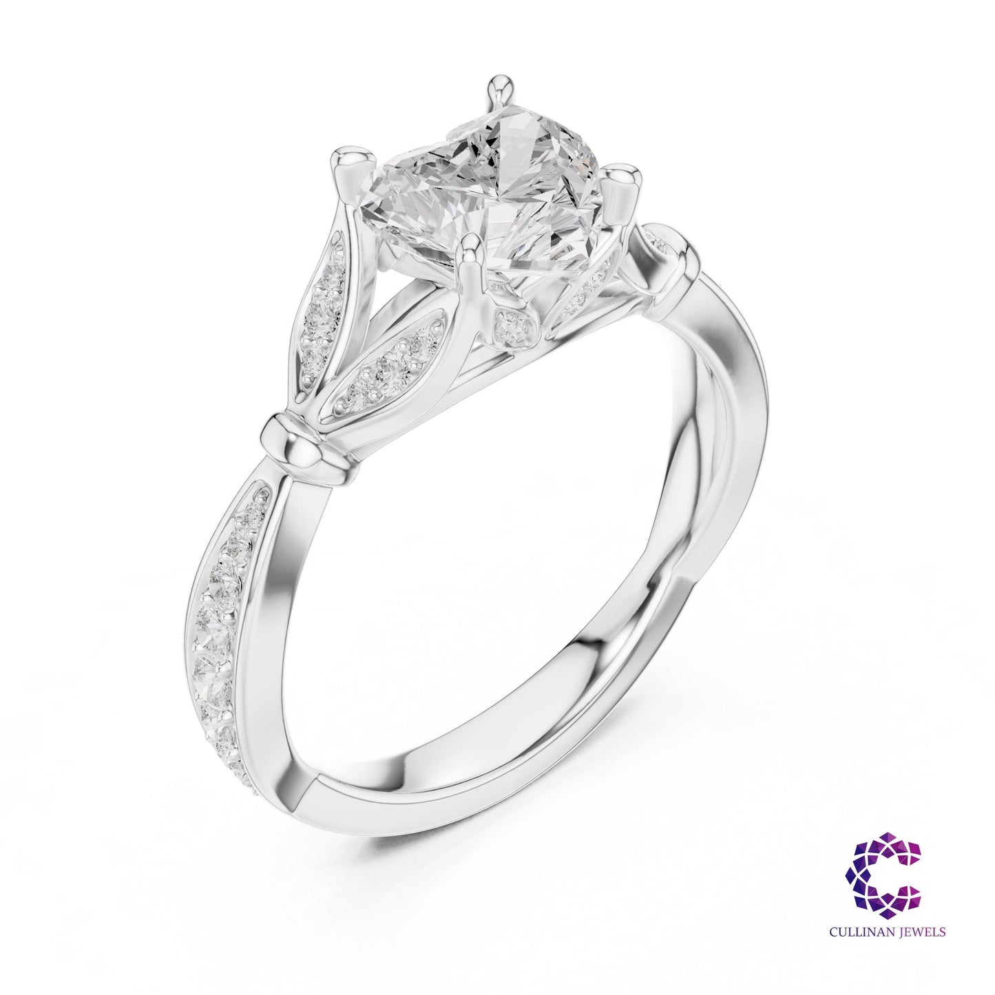 1.81 CT Heart Shape Lab Grown Diamond Ring in 14K Solid Gold, Cathedral Pavé Leaf Design Engagement Ring for Women