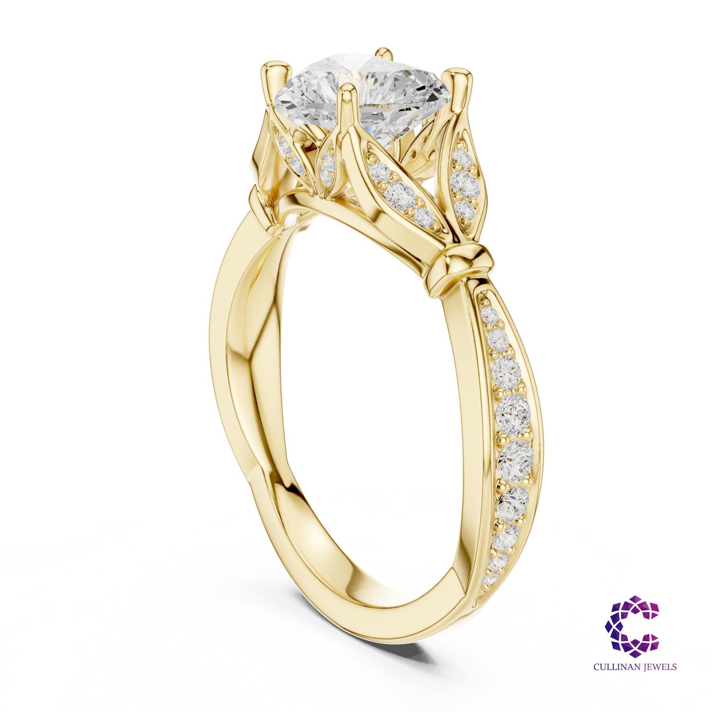1.81 CT Heart Shape Lab Grown Diamond Ring in 14K Solid Gold, Cathedral Pavé Leaf Design Engagement Ring for Women