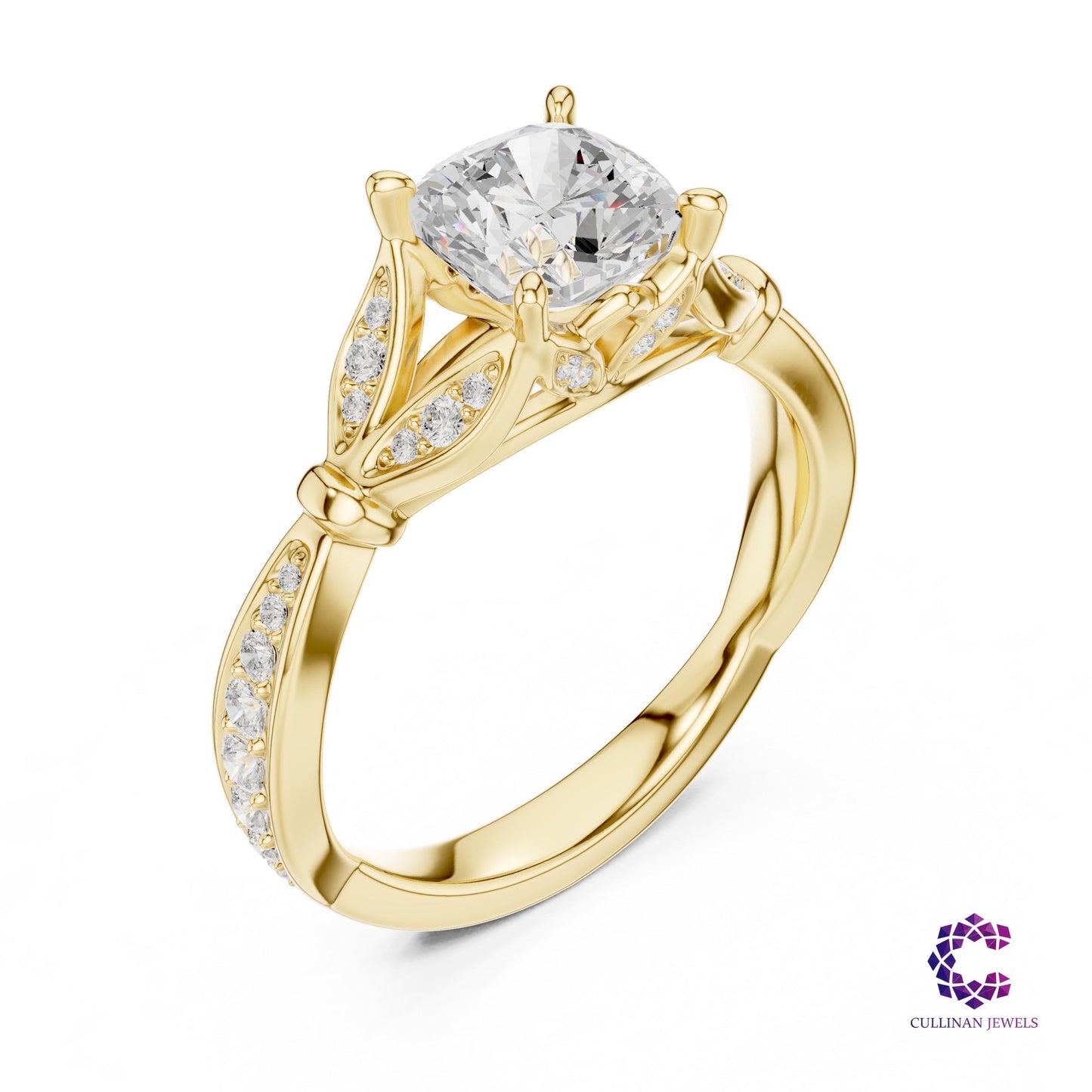 1.81 CT Cushion Cut Lab Grown Diamond Engagement Ring in 14K Solid Gold, Cathedral Pavé Setting