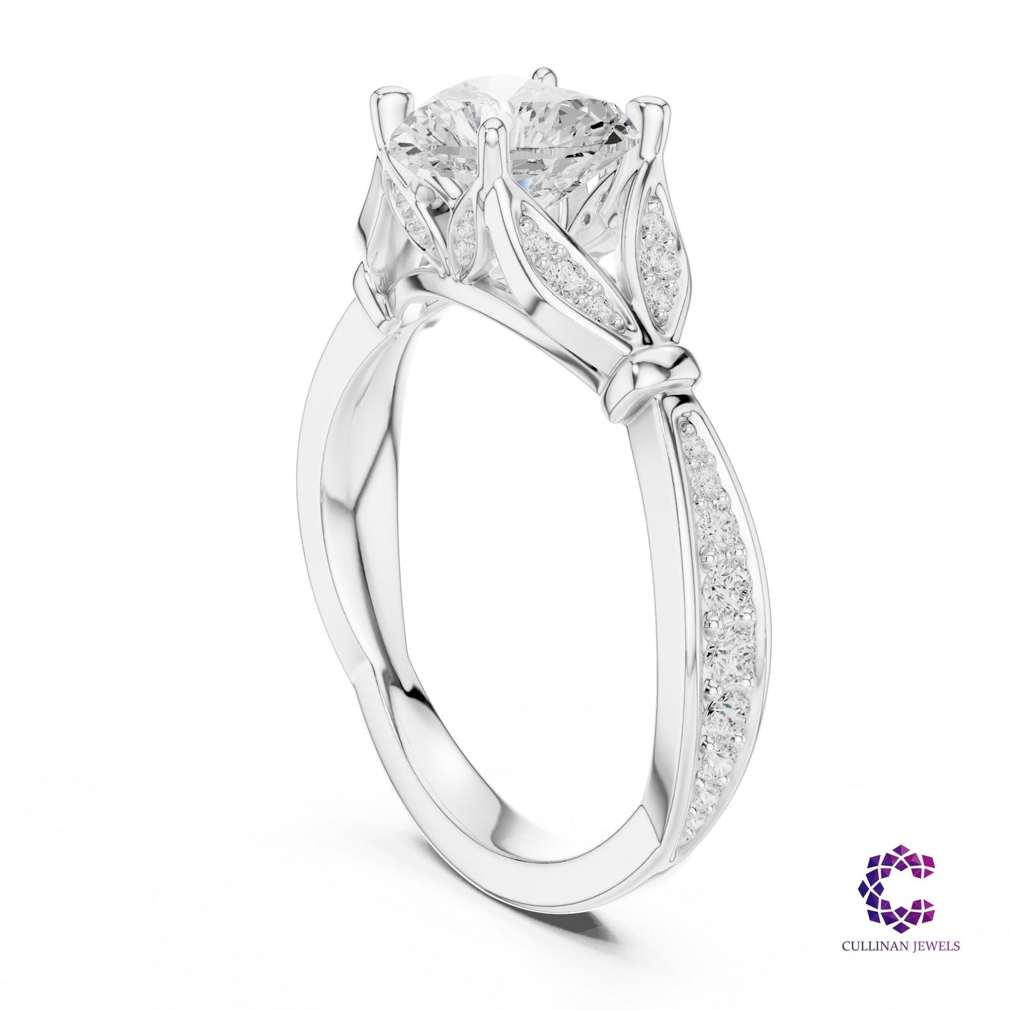 1.81 CT Heart Shape Lab Grown Diamond Ring in 14K Solid Gold, Cathedral Pavé Leaf Design Engagement Ring for Women