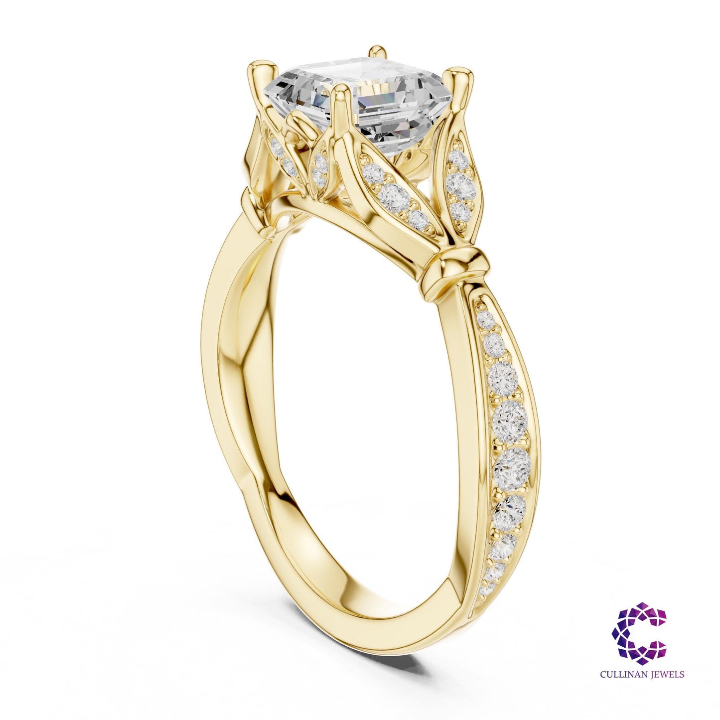 1.81 CT Asscher Cut Lab Grown Diamond Ring in 14K Solid Gold, Cathedral Setting Leaf Motif Engagement Ring for Women, 18K Gold