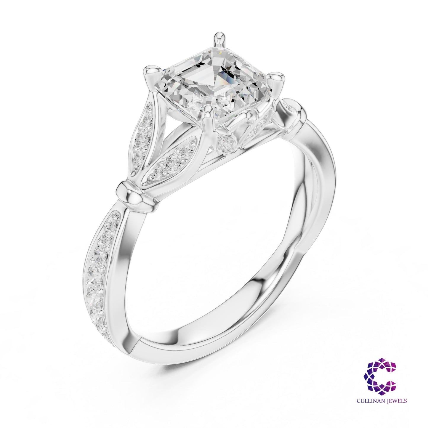 1.81 CT Asscher Cut Lab Grown Diamond Ring in 14K Solid Gold, Cathedral Setting Leaf Motif Engagement Ring for Women, 18K Gold