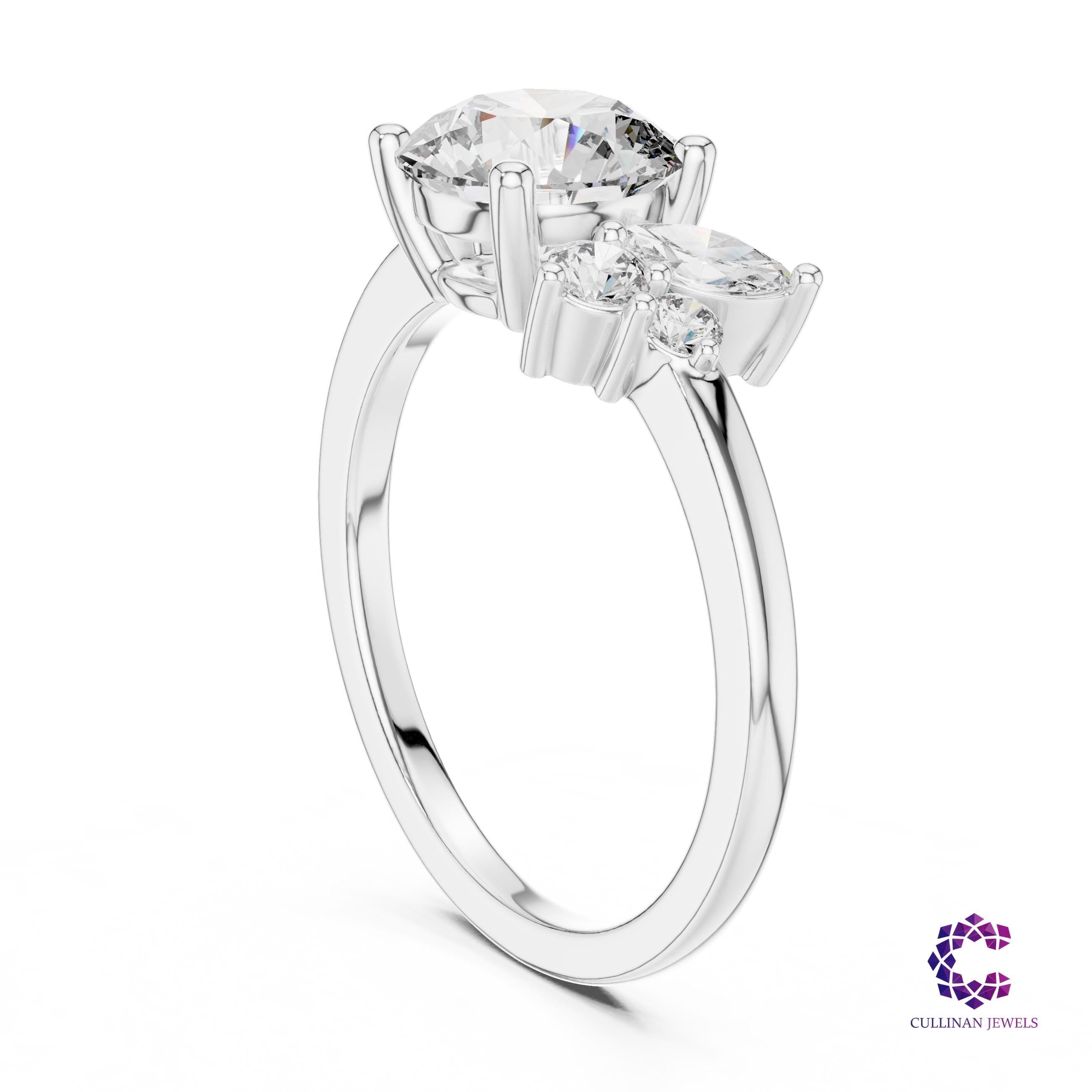 1.75 CT Round Lab Grown Diamond Asymmetrical Cluster Ring in 14K 18K Solid Gold