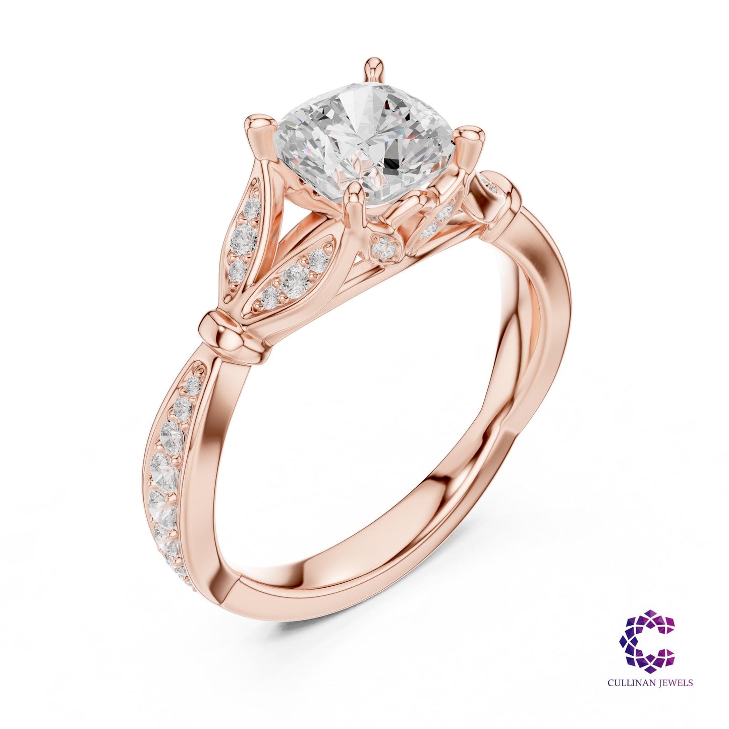 1.81 CT Cushion Cut Lab Grown Diamond Engagement Ring in 14K Solid Gold, Cathedral Pavé Setting