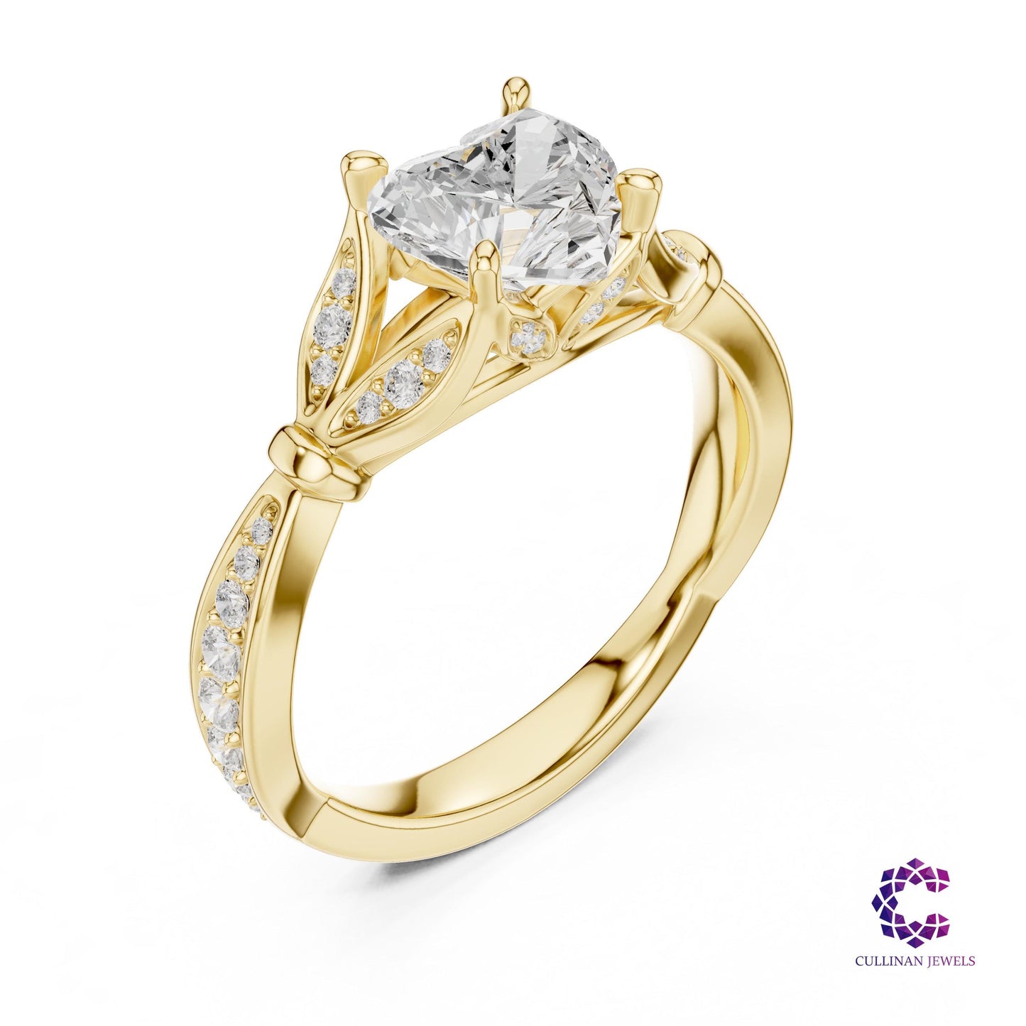 1.81 CT Heart Shape Lab Grown Diamond Ring in 14K Solid Gold, Cathedral Pavé Leaf Design Engagement Ring for Women