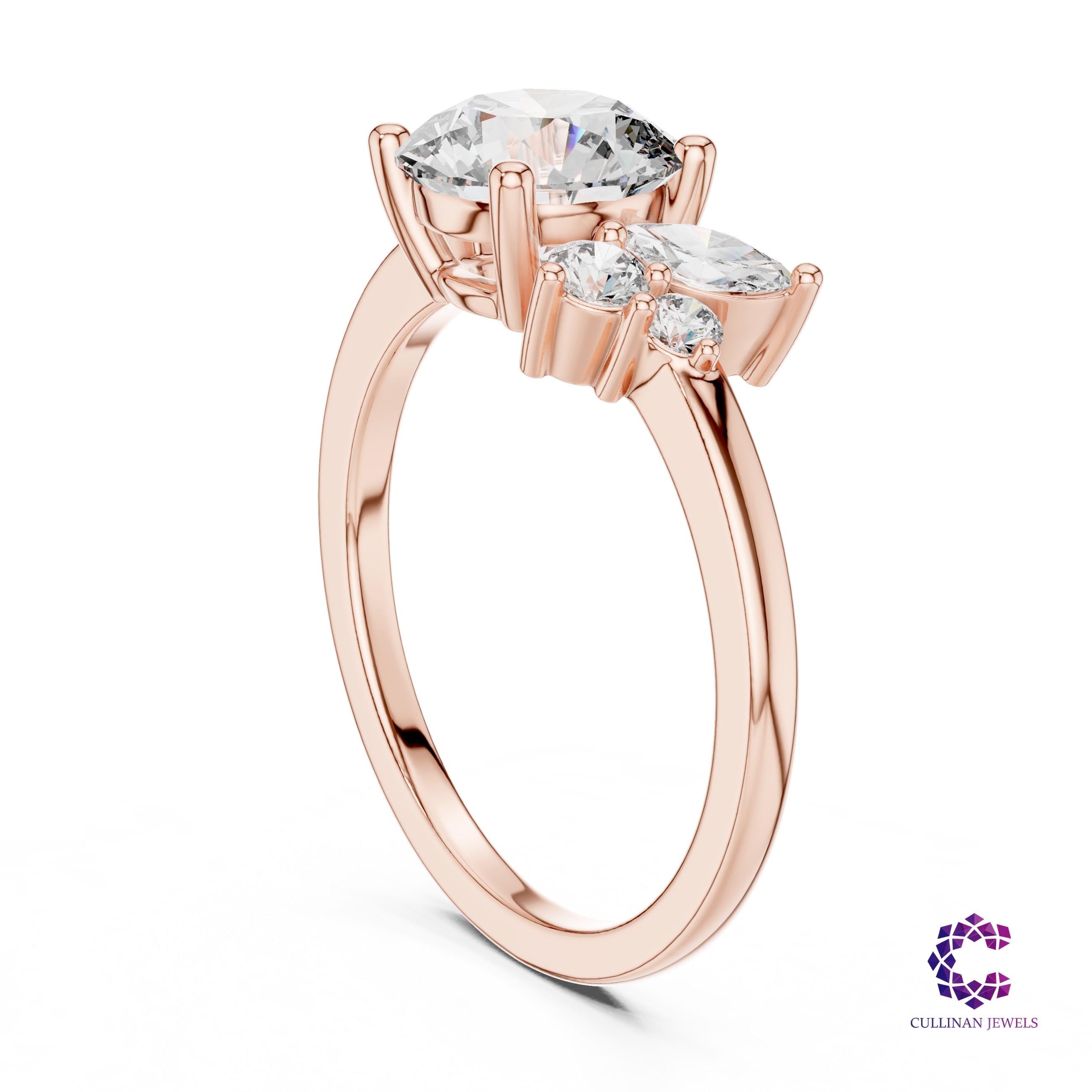 1.75 CT Round Lab Grown Diamond Asymmetrical Cluster Ring in 14K 18K Solid Gold